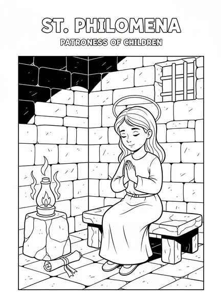 Sainte Philomène en prison, page à colorier de Sainte Philomène pour les enfants de l'École du dimanche âgés de 5 à 12 ans.