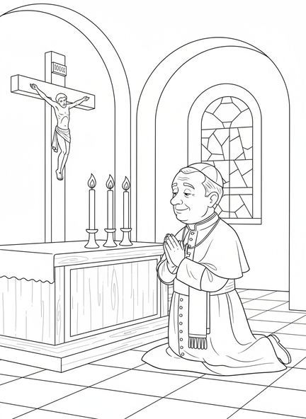 Papież Pius X modlący się, kolorowanka z św. Piusem X dla dzieci w wieku 5-10 lat