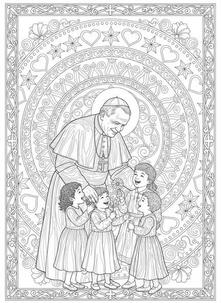 Papa Juan Pablo II con niños, página para colorear de San Juan Pablo II en estilo de journaling bíblico para adultos.