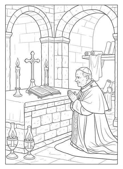 El Papa Juan Pablo II arrodillado en oración, página para colorear de San Papa Juan Pablo II para niños de Escuela Dominical de 5 a 12 años.