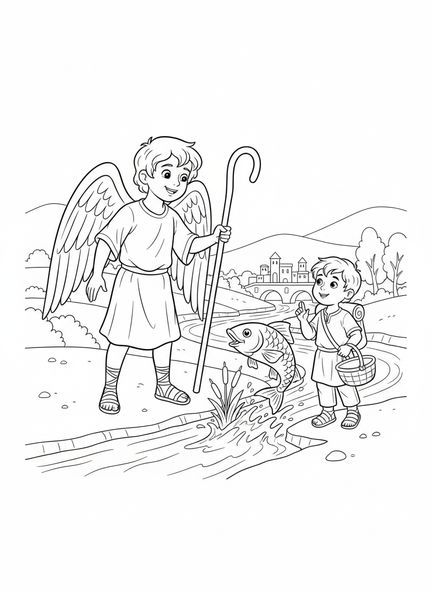 Ángel alegre San Rafael, página para colorear de San Rafael para niños de 5 a 10 años
