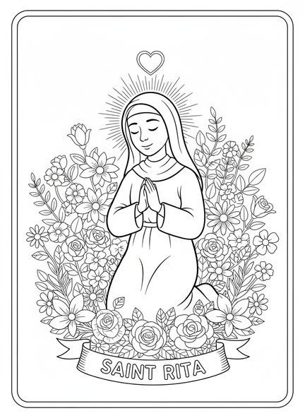 Die heilige Rita im Gebet, Ausmalbild der heiligen Rita von Cascia für Kinder im Alter von 5-10 Jahren
