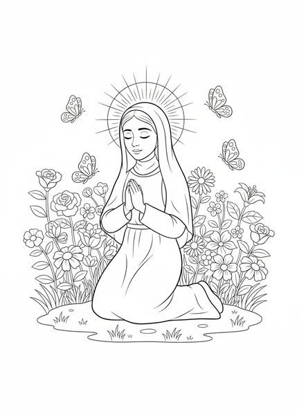 Santa Rosa de Lima de rodillas, página para colorear de Santa Rosa de Lima para niños de 5 a 10 años