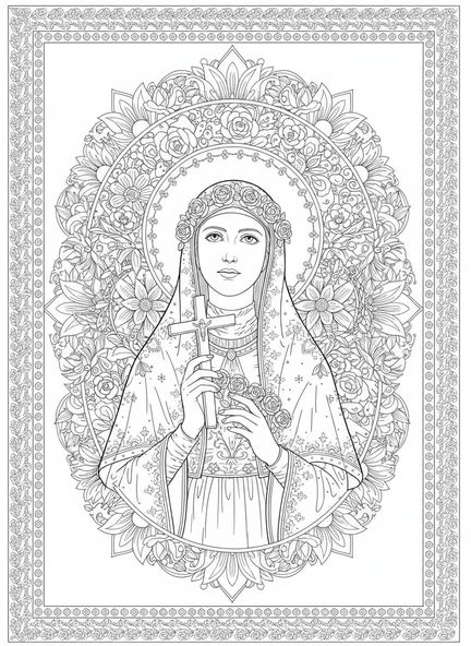 Santa Rosa de Lima rodeada de flores, página para colorear de Santa Rosa de Lima para adultos en estilo de journaling bíblico