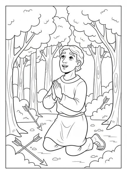 Dessin animé de Saint Sébastien, page à colorier de Saint Sébastien pour les enfants de 5 à 10 ans.