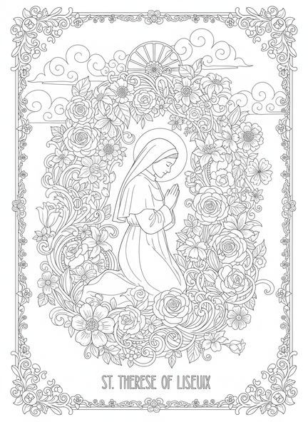 Die heilige Therese im Gebet, Ausmalbild der heiligen Therese von Lisieux im Stil des Bibeljournaling für Erwachsene.