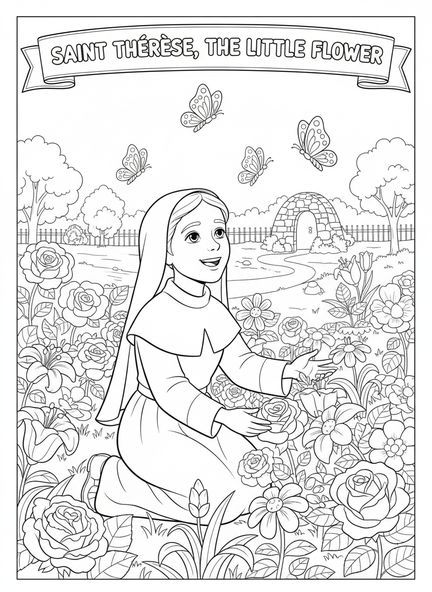 Die heilige Therese, die Blumen pflegt, Ausmalbild von St. Therese von Lisieux für Kinder im Alter von 5-10 Jahren