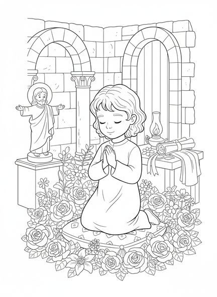 Menina jovem orando, página para colorir de Santa Teresinha de Lisieux para crianças da Escola Dominical de 5 a 12 anos
