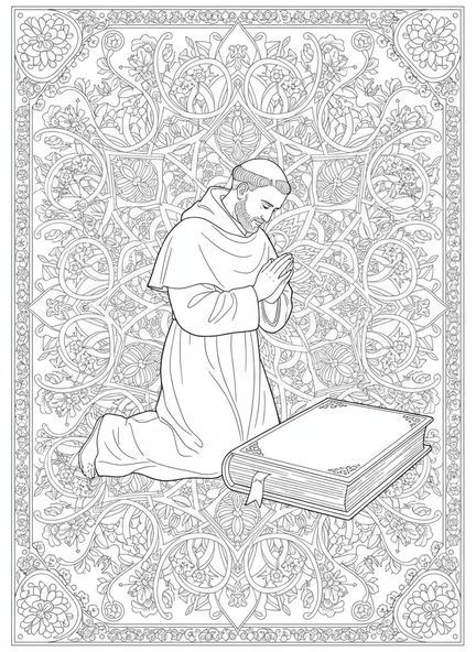 Saint Thomas d'Aquin en prière, page à colorier Saint Thomas d'Aquin pour adultes dans le style du journal biblique.
