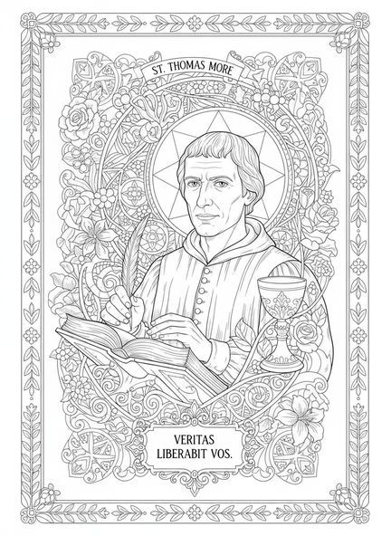 Portrait détaillé de Saint Thomas More, page à colorier de Saint Thomas More pour adultes dans le style du journal biblique