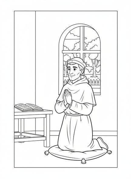 St. Thomas Morus kniet, Ausmalbild von St. Thomas Morus für Kinder im Alter von 5-10 Jahren
