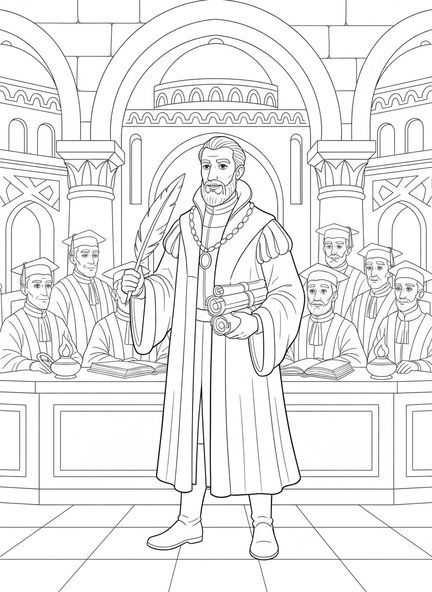 Thomas Morus steht im Gerichtssaal, Ausmalbild von St. Thomas Morus für Sonntagsschulkinder im Alter von 5-12 Jahren.