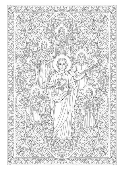 Der heilige Valentin mit Heiligen, Ausmalbild für Erwachsene im Stil des Bibel-Journalings