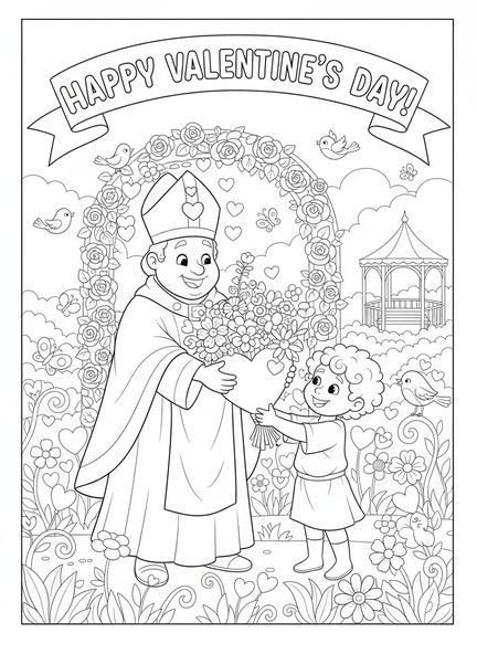 Der heilige Valentin mit Blumen, Ausmalbild für Kinder im Alter von 5-10 Jahren