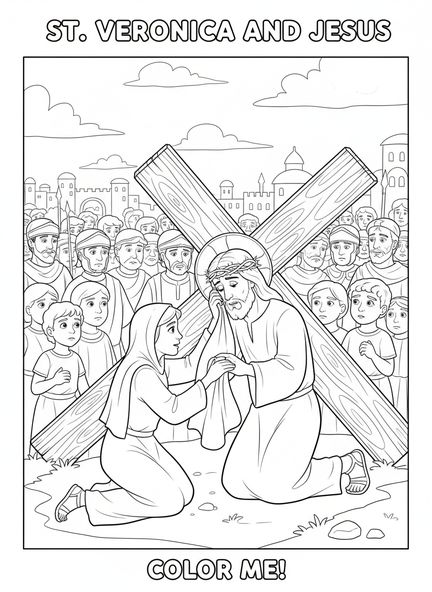 Die heilige Veronica hält ein Tuch, Ausmalbild der heiligen Veronica für Kinder im Alter von 5-10 Jahren.