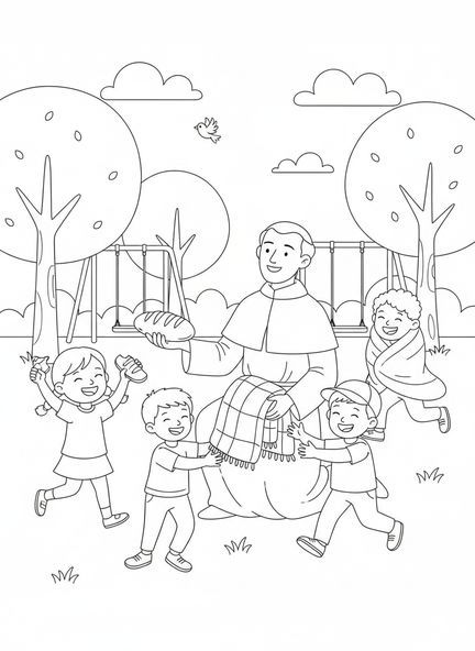 Der heilige Vincent von Paul gibt Kindern Brot, Ausmalbild von St. Vincent von Paul für Kinder im Alter von 5-10 Jahren.