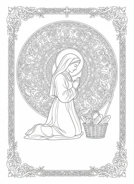St. Zita kniet im Gebet, Ausmalbild für Erwachsene im Bibel-Journaling-Stil.