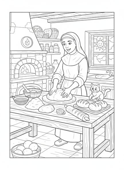 St. Zita beim Brotbacken, Ausmalbild von St. Zita für Kinder im Alter von 5-10 Jahren