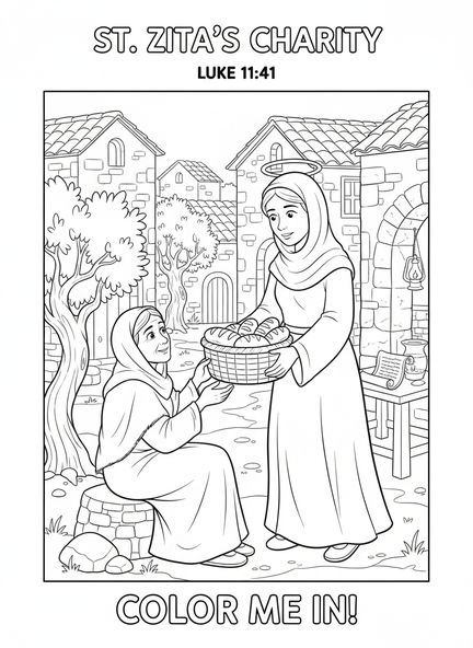 St. Zita teilt Brot, Ausmalbild von St. Zita für Sonntagsschulkinder im Alter von 5-12 Jahren.