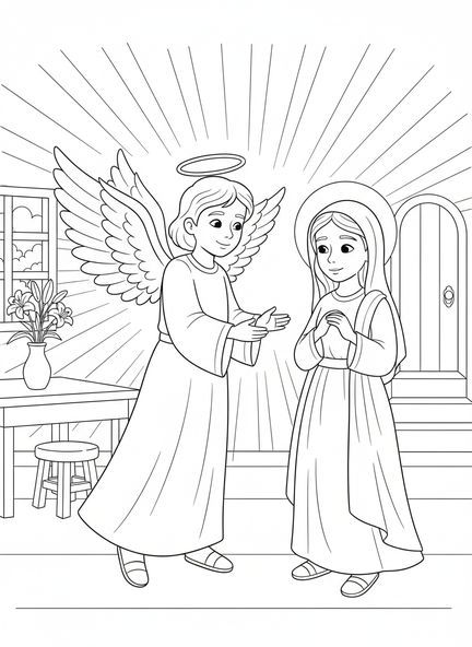 Un ange apparaissant à Marie, page à colorier de la Vierge Marie pour les enfants de 5 à 10 ans