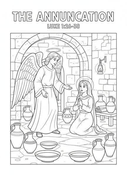 Un ange apparaît à Marie, page à colorier de la Vierge Marie pour les enfants de l'École du dimanche âgés de 5 à 12 ans.