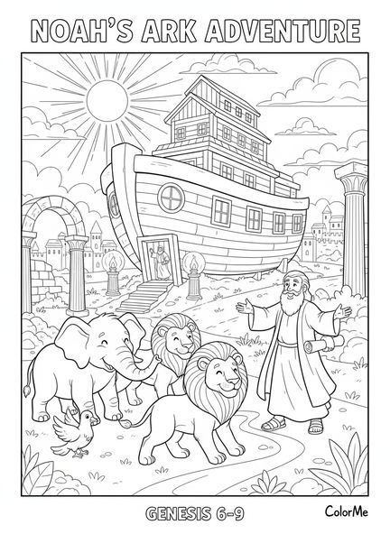 Des paires d'animaux montent à bord de l'arche, page de coloriage pour le catéchisme des enfants de 5 à 12 ans