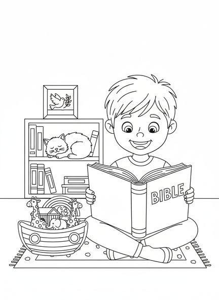 Junges Kind liest, Ausmalbild mit Kind und Bibel für Kinder im Alter von 5-10 Jahren