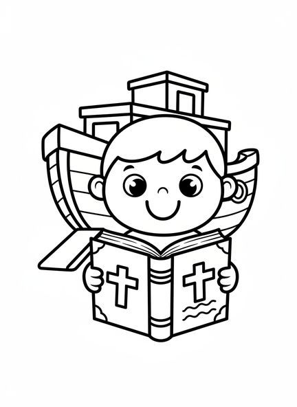 Lächelndes Kind mit einer Bibel, Ausmalbild für Kinder mit Bibel für Vorschulkinder im Alter von 3-5 Jahren.