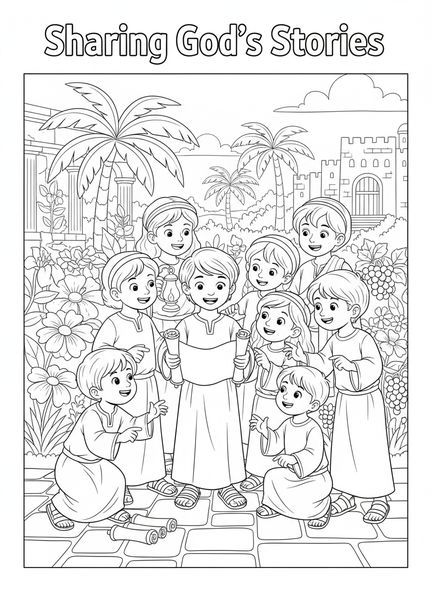 Des amis rassemblés autour d'un enfant, page à colorier Enfant avec Bible pour les enfants de catéchisme âgés de 5 à 12 ans