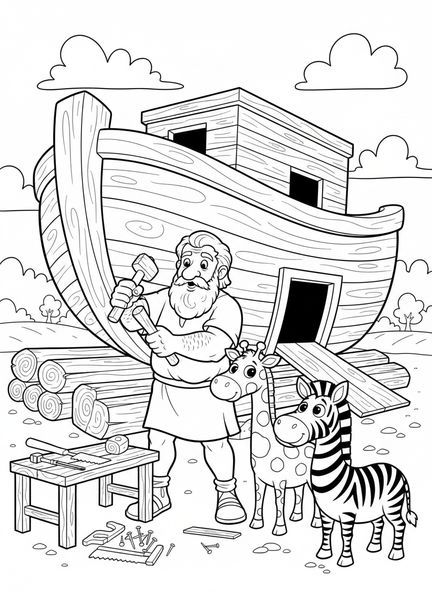 Noé trabajando en el arca, página para colorear de la Biblia para niños de 5 a 10 años