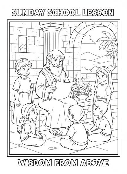 Professeur sage lisant, page à colorier de la Bible sur un rouleau pour les enfants de l'École du dimanche âgés de 5 à 12 ans.