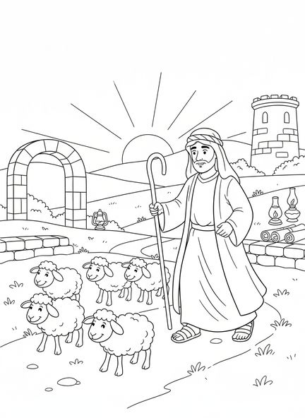 Dessins animés d'un berger guidant des moutons, page à colorier du bâton de berger pour les enfants de l'École du dimanche âgés de 5 à 12 ans.