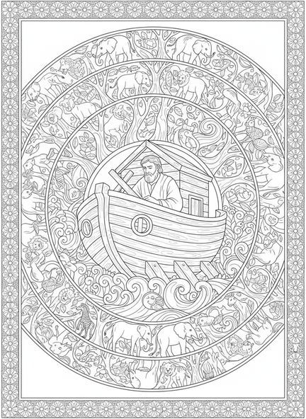 Noé construindo a arca, página de colorir religiosa para o Dia dos Pais no estilo de journaling bíblico para adultos.