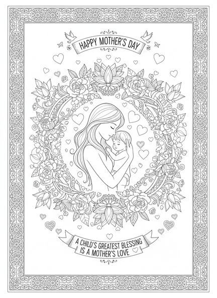 Mãe segurando filho, página de colorir religiosa para o Dia das Mães no estilo de journaling bíblico para adultos.