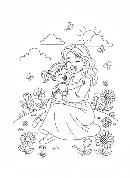 Mãe e filho, página de colorir religiosa para o Dia das Mães para crianças de 5 a 10 anos.