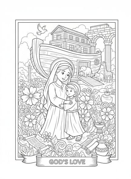 Mãe e filho, página de colorir religiosa para o Dia das Mães para crianças da Escola Dominical de 5 a 12 anos.
