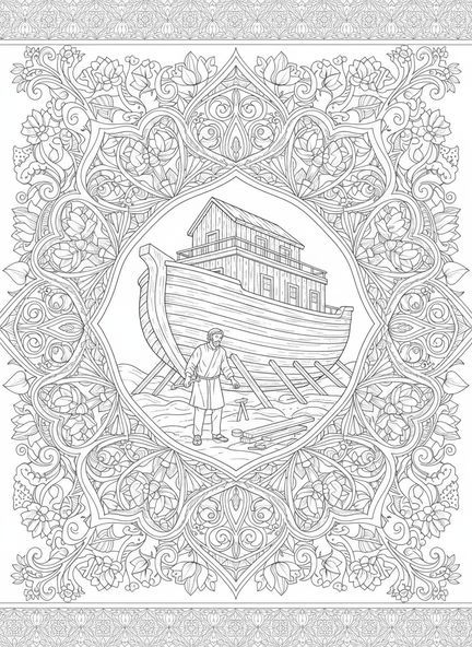 Noé construindo a arca, página de colorir em estilo vitral para adultos, estilo de journaling bíblico.