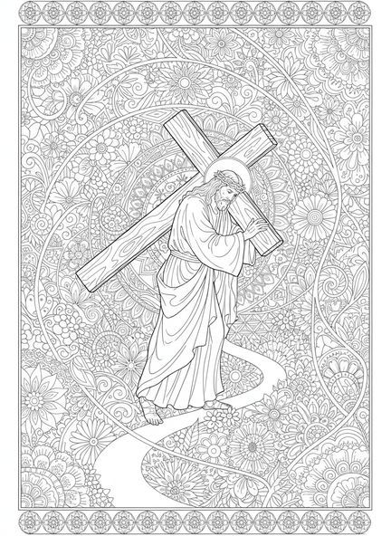 Jesus trägt das Kreuz, Jesus fällt unter dem Kreuz Ausmalbild für Erwachsene im Bibel-Journaling-Stil.
