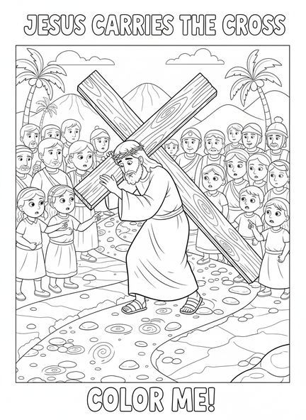 Jesus trägt das Kreuz, Ausmalbild Jesus fällt mit dem Kreuz für Kinder im Alter von 5-10 Jahren