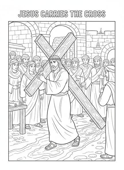Jesus trägt ein Kreuz, Jesus fällt mit dem Kreuz Malvorlage für Sonntagsschulkinder im Alter von 5-12 Jahren.