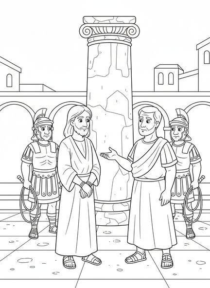 Jesús ante Pilato, página para colorear del Pilar de la Flagelación para niños de 5 a 10 años.