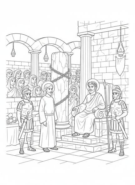 Jésus devant Pilate, page à colorier du pilier de la flagellation pour les enfants de l'École du dimanche âgés de 5 à 12 ans.
