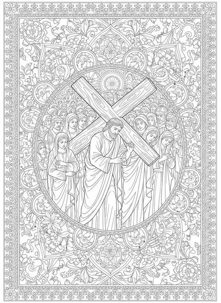 Simon de Cyrène portant la croix, page à colorier Simon de Cyrène pour adultes dans un style de journal biblique.