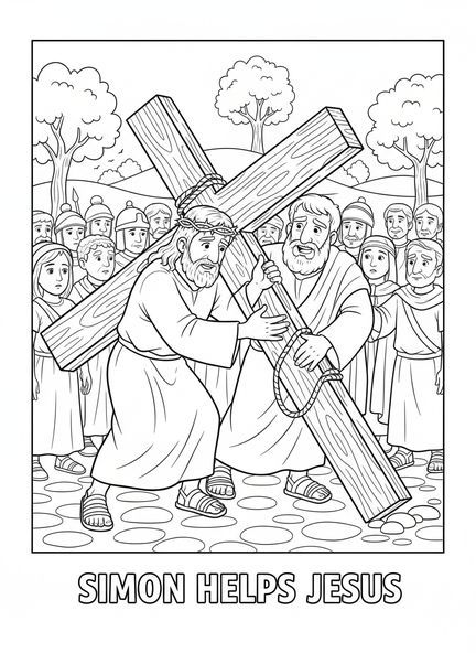 Simon de Cyrène aide à porter la croix, page à colorier Simon de Cyrène pour enfants de 5 à 10 ans