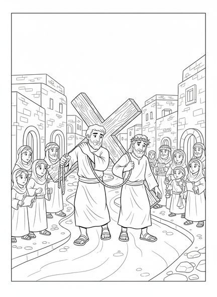 Simão de Cirene ajudando Jesus, página de colorir do Simão de Cirene para crianças da Escola Dominical de 5 a 12 anos.