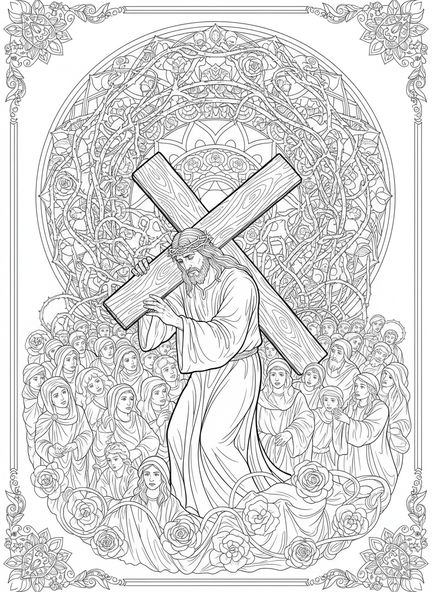 Jesús cargando la cruz, página para colorear de las Estaciones de la Cruz 1 en estilo de journaling bíblico para adultos.