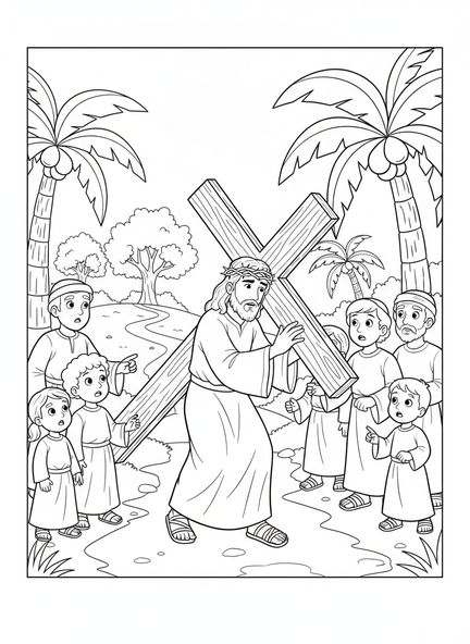 Jesus trägt ein Kreuz, Ausmalbild der ersten Station des Kreuzwegs für Kinder im Alter von 5-10 Jahren.