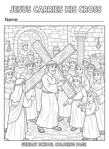 Jesus trägt das Kreuz, Ausmalbild Stationen des Kreuzes 1 für Kinder in der Sonntagsschule im Alter von 5-12 Jahren.