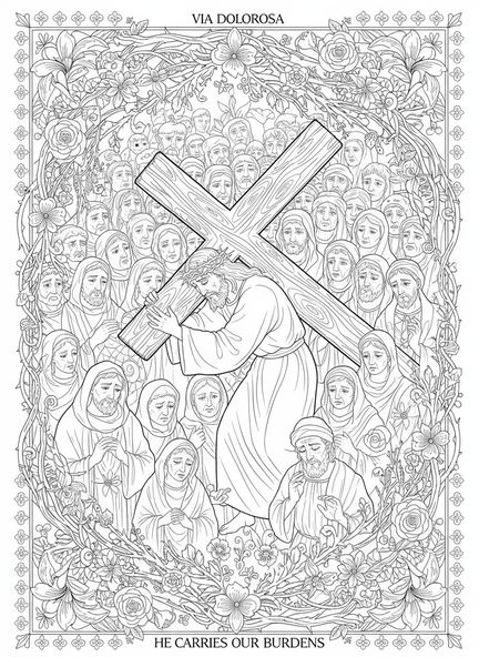 Jesús cargando la cruz, página para colorear de la Estación de la Cruz 10 en estilo de journaling bíblico para adultos.