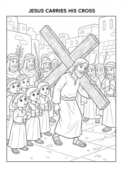 Jesus trägt das Kreuz, Ausmalbild der 10. Station des Kreuzwegs für Kinder im Alter von 5-10 Jahren.